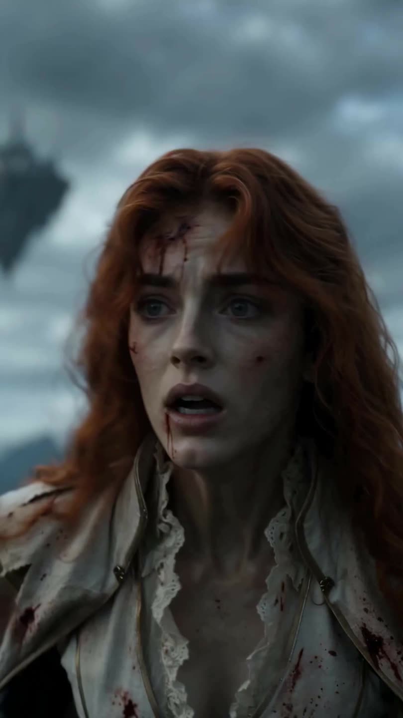 Still from episode 1: the red-haired dragon rider, bloodied, under a storm sky