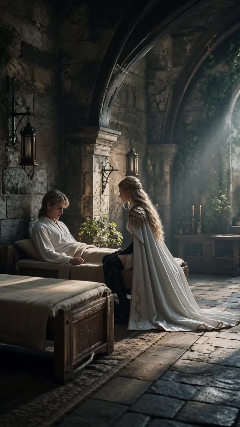 Still from episode 9: a woman in a white cloak beside a man resting in a stone hall